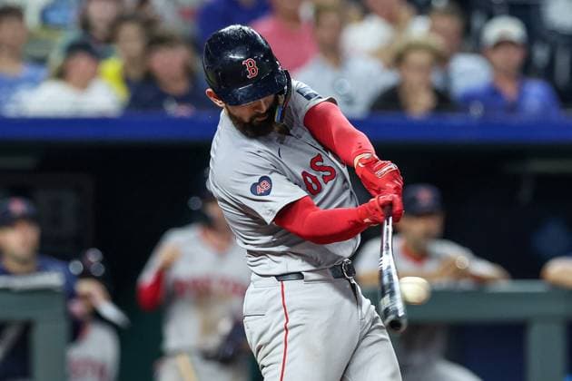 August 5, 2024: Boston Red Sox catcher Connor Wong (12) hits an RBI single against the Kansas City Royals during the eighth inning at Kauffman Stadium in Kansas City, MO. CSM Kansas City United States of America - ZUMAc04_ 20240805_zma_c04_302 Copyright: xDavidxSmithx