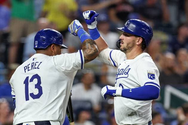 August 5, 2024: Kansas City Royals first baseman Vinnie Pasquantino (9) and Kansas City Royals catcher Salvador Perez (13) celebrate PasquantinoÃ¢â‚¬â ¢s eight inning home run against the Boston Red Sox at Kauffman Stadium in Kansas City, MO. CSM Kansas City United States of America - ZUMAc04_ 20240805_zma_c04_305 Copyright: xDavidxSmithx