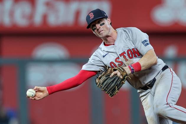 August 5, 2024: Boston Red Sox second baseman Nick Sogard (75) throws to first for the out on Kansas City Royals second baseman Adam Frazier (26) during the ninth inning at Kauffman Stadium in Kansas City, MO. CSM Kansas City United States of America - ZUMAc04_ 20240805_zma_c04_307 Copyright: xDavidxSmithx