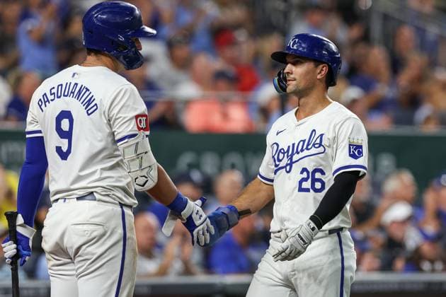 August 5, 2024: Kansas City Royals first baseman Vinnie Pasquantino (9) cngratulates Kansas City Royals second baseman Adam Frazier (26) on scoring a run during the seventh inning against the Boston Red Sox at Kauffman Stadium in Kansas City, MO. CSM Kansas City United States of America - ZUMAc04_ 20240805_zma_c04_312 Copyright: xDavidxSmithx