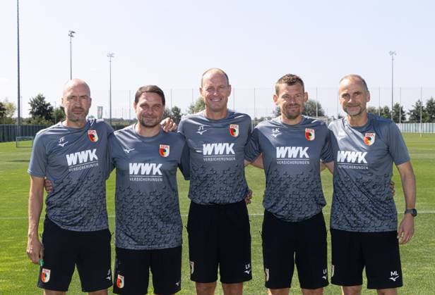 FC Augsburg completes its coaching team with new co-coach Imre Szabics 2 from left , Jacob Friis co-coach FC Augsburg, left , Jess Thorup coach FC Augsburg, center , Lars Knudsen co-coach FC Augsburg , Marco Langner goalkeeper coach FC Augsburg Imre Szabics was a player at FC Augsburg from 2007 2010 FC Augsburg, training,