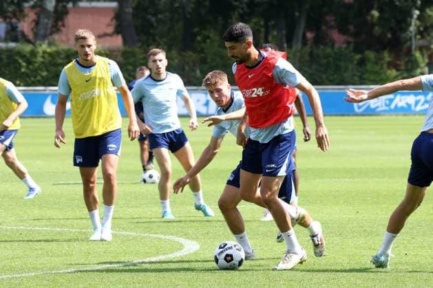 DEU, DFL, 2 FBL Hertha BSC, Training, 06 08 2024, Sportforum, Berlin, DEU, DFL, 2 FBL Hertha BSC, Training, im Bild Agustn Rogel Hertha BSC Berlin 3 , Gustav Christensen Hertha BSC Berlin 26 DFL regulations prohibit any use of Photographs as image sequences and or quasi video Foto Juergen Engler nordphoto GmbH nordphotoxGmbHx xEngler nph00076