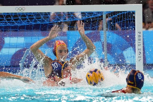 Team Spain during women& x2019;s waterpolo quarter final Spain-Canada at 2024 Olympics, Tuesday, August 6, 2024, in Paris, France.  Copyright: xGianxMattiaxD Alberto LaPressex
