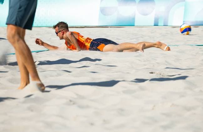 PARIS - Stefan Boermans and Yorick de Groot in action against Germany during the Beach volleyball, Beachvolleyball quarter-final at the Olympic Games, Olympische Spiele, Olympia, OS ANP IRIS VAN DEN BROEK xVIxANPxSportx xxANPxIVx 505312955 originalFilename: 505312955.jpg