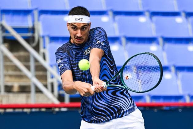MONTREAL, QC, CANADA - AUGUST 06: Lorenzo Sonego (ITA) returns the ball during a first round match at ATP, Tennis Herren National Bank Open on August 06, 2024 at IGA Stadium in Montreal, QC, Canada (Photo by David Kirouac) Montreal IGA Stadium QC Canada Copyright: xDavidxKirouacx