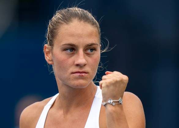 August 6, 2024, Toronto, On, Canada: Marta Kostyuk of Ukraine pumps her first during her first round match against Tatjana Maria of Germany at the National Bank Open in Toronto, Tuesday, Aug. 6, 2024. Canada News - August 6, 2024  - ZUMAc35_ 20240806_zaf_c35_019 Copyright: xFrankxGunnx
