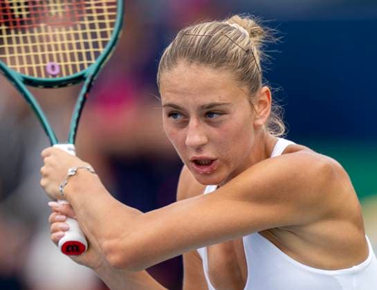 August 6, 2024, Toronto, On, Canada: Marta Kostyuk of Ukraine hits a backhand during her first round match against Tatjana Maria of Germany at the National Bank Open in Toronto, Tuesday, Aug. 6, 2024. Canada News - August 6, 2024  - ZUMAc35_ 20240806_zaf_c35_020 Copyright: xFrankxGunnx