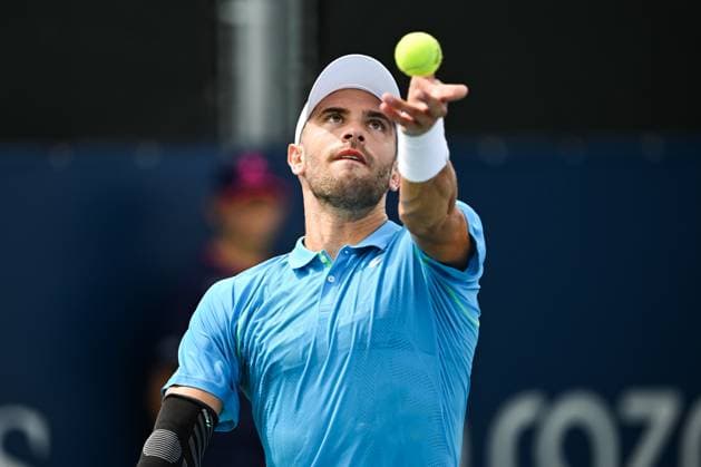 MONTREAL, QC - AUGUST 06: Borna Coric (CRO) serves the ball during a second round qualification match at ATP, Tennis Herren National Bank Open on August 06, 2024 at IGA Stadium in Montreal, QC (Photo by David Kirouac Icon Sportswire) TENNIS: AUG 06 National Bank Open EDITORIAL USE ONLY Icon240806001