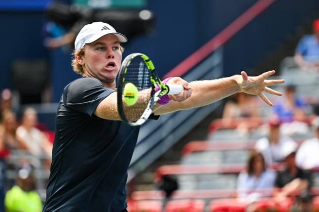 MONTREAL, QC - AUGUST 06: Alex Michelsen (USA) returns the ball during a first round match at ATP, Tennis Herren National Bank Open on August 06, 2024 at IGA Stadium in Montreal, QC (Photo by David Kirouac Icon Sportswire) TENNIS: AUG 06 National Bank Open EDITORIAL USE ONLY Icon240806030