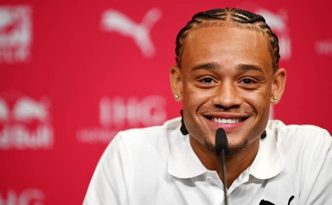 Soccer Bundesliga season 2024 2025, Press conference with Xavi Simons Offensive midfield RB Leipzig, back number 10 , Marcel Schäfer Managing Director Sport RB Leipzig and Rouven Schröder Sports Director RB Leipzig Xavi Simons Offensive midfield RB Leipzig, back number 10 at the press conference of RB Leipzig 06 08 2024 at this the extension of the loan of Xavi from Paris Saint Germain was announced Leipzig Saxony Germany Red Bull training ground at Cottaweg