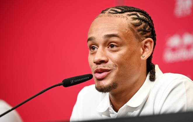 Soccer Bundesliga season 2024 2025, Press conference with Xavi Simons Offensive midfield RB Leipzig, back number 10 , Marcel Schäfer Managing Director Sport RB Leipzig and Rouven Schröder Sports Director RB Leipzig Xavi Simons Offensive midfield RB Leipzig, back number 10 at the press conference of RB Leipzig 06 08 2024 at this the extension of the loan of Xavi from Paris Saint Germain was announced Leipzig Saxony Germany Red Bull training ground at Cottaweg