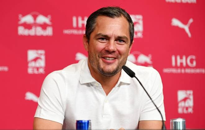 Soccer Bundesliga season 2024 2025, Press conference with Xavi Simons Offensive midfield RB Leipzig, back number 10 , Marcel Schäfer Managing Director Sport RB Leipzig and Rouven Schröder Sports Director RB Leipzig Marcel Schäfer Managing Director Sport RB Leipzig at the press conference of RB Leipzig 06 08 2024 At this the extension of the loan of Xavi Simons not in the picture from Paris Saint Germain was announced Leipzig Saxony Germany Red Bull training ground at Cottaweg