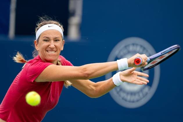 TORONTO, ON - AUGUST 06: Victoria Azarenka of Russia returns a shot during her first round game of the National Bank Open, part of the WTA, Tennis Damen Tour, at Sobeys Stadium on August 6, 2024 in Toronto, Canada. (Photo by Julian Avram Icon Sportswire) TENNIS: AUG 06 National Bank Open EDITORIAL USE ONLY Icon2408060047