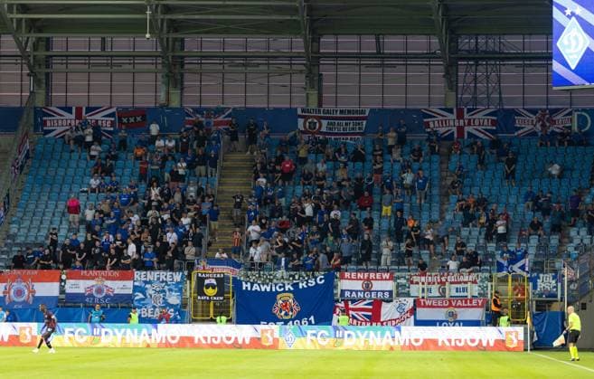 A general view of Rangers away end during UEFA Champions League Third Round Qualifying match at Arena Lublin. Dynamo Kyiv v Rangers, UEFA Champions League 3rd Qualifying Round, Football, Arena Lublin, Lublin, Poland - 06 Aug 2024  Copyright: xLukexNickerson RangersxFC Shutterstockx 14623393eb