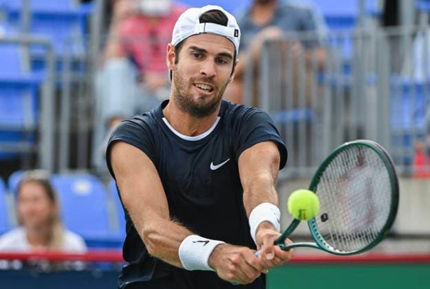 August 6, 2024, Montreal, Pq, Canada: Karen Khachanov of Russia plays a shot to Gabriel Diallo of Canada during their first round match at the National Bank Open tennis tournament in Montreal, Tuesday, August 6, 2024. Karen Khachanov, Gabriel Diallo,  - ZUMAc35_ 20240806_zaf_c35_162 Copyright: xGrahamxHughesx