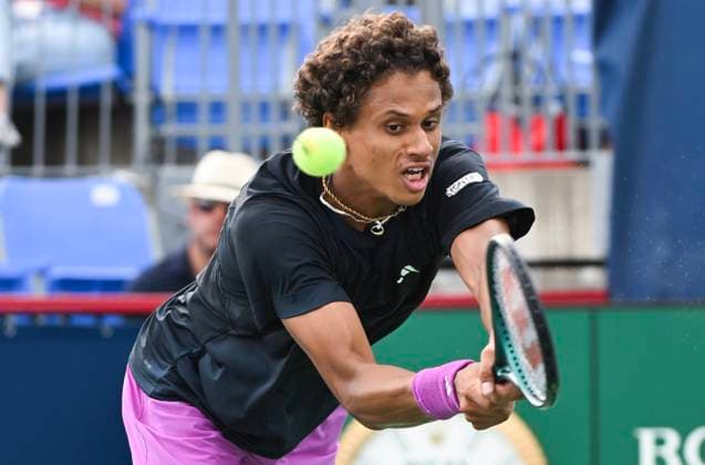 August 6, 2024, Montreal, Pq, Canada: Gabriel Diallo of Canada lunges for the ball during his first round match against Karen Khachanov of Russia at the National Bank Open tennis tournament in Montreal, Tuesday, August 6, 2024. Gabriel Diallo, Karen Khachanov,  - ZUMAc35_ 20240806_zaf_c35_163 Copyright: xGrahamxHughesx