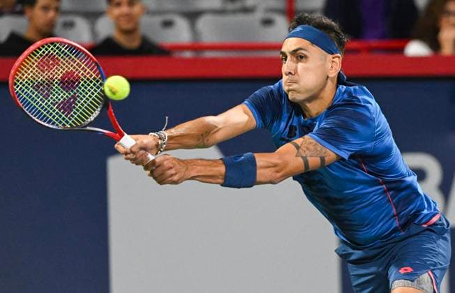 August 6, 2024, Montreal, Pq, Canada: Alejandro Tabilo of Chile plays a shot to Frances Tiafoe of the United States during their first round match at the National Bank Open tennis tournament in Montreal, Tuesday, August 6, 2024. Alejandro Tabilo, Frances Tiafoe,  - ZUMAc35_ 20240806_zaf_c35_226 Copyright: xGrahamxHughesx