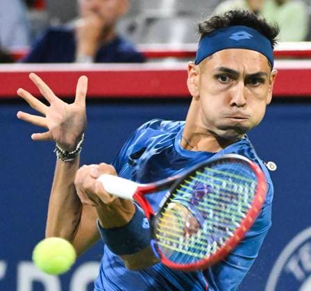 August 6, 2024, Montreal, Pq, Canada: Alejandro Tabilo of Chile plays a shot to Frances Tiafoe of the United States during their first round match at the National Bank Open tennis tournament in Montreal, Tuesday, August 6, 2024. Alejandro Tabilo, Frances Tiafoe,  - ZUMAc35_ 20240806_zaf_c35_227 Copyright: xGrahamxHughesx