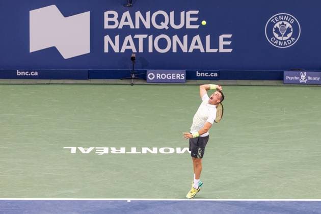 August 6, 2024, Montreal, Quebec, Canada: High point of view of ROBERTO BAUTISTA-AGUT from Spain serving in the first set of is match against Holger Rune from Denmark in first round at National bank open at IGA Stadium in Montreal, Quebec, Canada on 2024-08-06 Montreal Canada - ZUMAl189 20240806_zsp_l189_043 Copyright: xYannickxLegarex