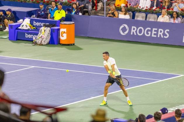 August 6, 2024, Montreal, Quebec, Canada: View from the stand of ROBERTO BAUTISTA-AGUT from Spain returning ball in third set against Holger Rune from Denmark in first round at National bank open at IGA Stadium in Montreal, Quebec, Canada on 2024-08-06 Montreal Canada - ZUMAl189 20240806_zsp_l189_051 Copyright: xYannickxLegarex