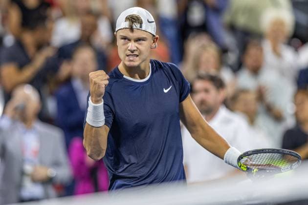 August 6, 2024, Montreal, Quebec, Canada: HOLGER RUNE from Denmark with close fist looking at his coach after is victory in 3 sets over Roberto Bautista-Agut from Spain in first round at National bank open at IGA Stadium in Montreal, Quebec, Canada on 2024-08-06 Montreal Canada - ZUMAl189 20240806_zsp_l189_057 Copyright: xYannickxLegarex