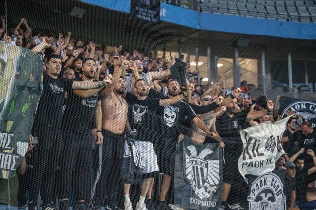 Malmo FF v PAOK FC, UEFA Champions League qualification, Malmoe, Sweden Malmoe, Sweden. 06th, August 2024. Football fans of PAOK seen on the stands after the UEFA Champions League qualification match between Malmo FF and PAOK FC at Eleda Stadion in Malmo. Malmö Sweden  Copyright: xGonzalesxPhoto TobiasxJorgensenx