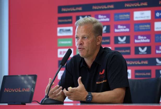 07 08 2024, Football, 2 Bundesliga, FC Kaiserslautern Press Conference, Season 2024 25, Markus Anfang Trainer FC Kaiserslautern ,Fritz Walter Stadion, Kaiserslautern, Germany, zmdz, DFB DFL regulations prohibit any use of photographs as image sequences and or quasi video FC Kaiserslautern Press Conference