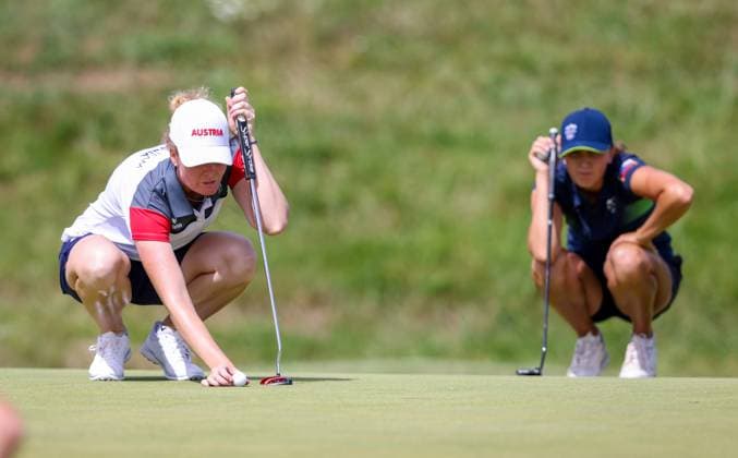 OLYMPICS - Olympic Summer Games 2024 PARIS,FRANCE,07.AUG.24 - OLYMPICS, GOLF - Olympic Summer Games Paris 2024, individual stroke play, ladies, Le Golf National. Image shows Sarah Schober (AUT) and Pia Babnik (SLO).  GEPAxpictures xHaraldxSteiner