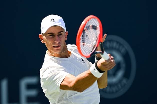 MONTREAL, QC - AUGUST 07: Matteo Arnaldi (ITA) returns the ball during a first round match at ATP, Tennis Herren National Bank Open on August 07, 2024 at IGA Stadium in Montreal, QC (Photo by David Kirouac Icon Sportswire) TENNIS: AUG 07 National Bank Open EDITORIAL USE ONLY Icon240807012