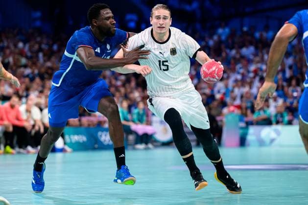 Paris, France Handball Men Quarterfinals Germany France Karl Konan France , Juri Knorr Germany Lille Stade Pierre Mauroy France