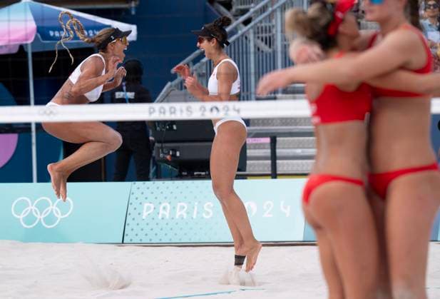 August 7, 2024, Paris, France: Canada s Brandie Wilkerson (left) and Melissa Humana-Paredes celebrate after defeating Spain s Tania Moreno Matveeva and Daniela Alvarez Mendoza during Beach volleyball, Beachvolleyball quarter-final at the Summer Olympics, Wednesday, August 7, 2024 in Paris. Canada News - August 7, 2024  - ZUMAc35_ 20240807_zaf_c35_021 Copyright: xAdrianxWyldx