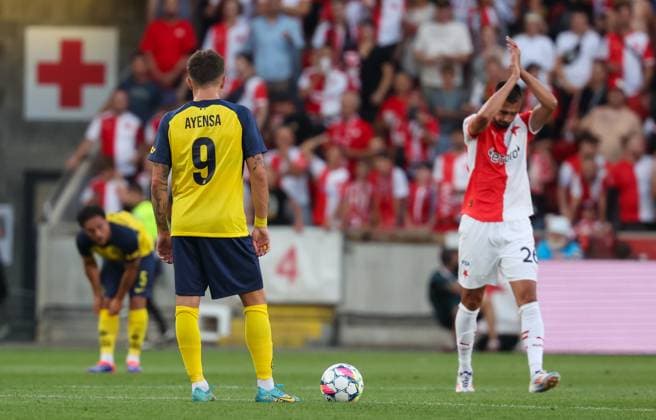 Union s Dennis Eckert Ayensa looks dejected during a game between Czech SK Slavia Prague and Belgian soccer team Union Saint-Gilloise in Prague, Czech Republic, on Wednesday 07 August 2024, a first leg game in the third qualifying round for the UEFA Champions League competition. VIRGINIExLEFOUR  x98010195x