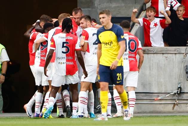 Slavia Prague v Union SG - UEFA Champions League PRAGUE, BELGIUM : Castro-Montes Alessio defender of Royale Union Saint-Gilloise looks dejected when Chory Tomas of SK Slavia Praha celebrates after scoring pictured during the UEFA Champions League Third qualifying round 1st leg match between Salvia Prague and Union SG on August 7, 2024 in Prague, Belgium, 07 08 2024 Prague Belgium  Copyright: xJanxDexMeuleneirx