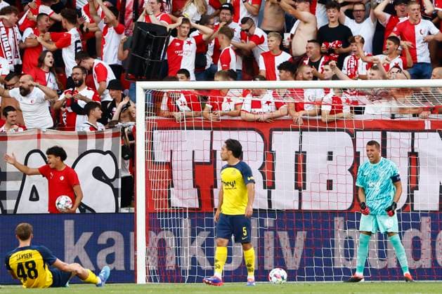 Slavia Prague v Union SG - UEFA Champions League PRAGUE, BELGIUM : Moris Anthony goalkeeper of Royale Union Saint-Gilloise looks dejected when Chory Tomas of SK Slavia Praha celebrates after scoring pictured during the UEFA Champions League Third qualifying round 1st leg match between Salvia Prague and Union SG on August 7, 2024 in Prague, Belgium, 07 08 2024 Prague Belgium  Copyright: xJanxDexMeuleneirx