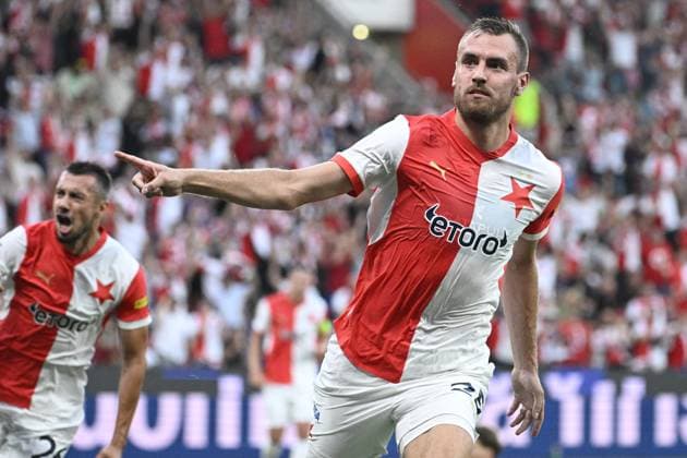 Soccer Player of Slavia Praha (Prague) Tomas Chory celebrates first goal during the Football Champions League first leg of 3rd qualifying round match: Slavia Prague vs Union Saint-Gilloise (Belgium) in Prague, Czech Republic, August 7, 2024 (CTKxPhoto MichalxKamaryt) CTKPhotoP2024080710526  CTKPhotoP2024080710526