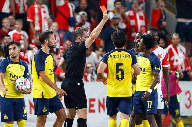 Slavia Prague v Union SG - UEFA Champions League PRAGUE, BELGIUM : red card Fuseini Mohammed Gadafi forward of Royale Union Saint-Gilloise pictured during the UEFA Champions League Third qualifying round 1st leg match between Salvia Prague and Union SG on August 7, 2024 in Prague, Belgium, 07 08 2024 Prague Belgium  Copyright: xJanxDexMeuleneirx