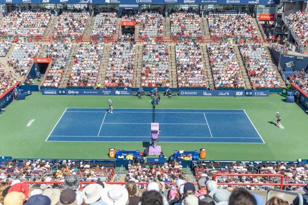 August 7, 2024, Montreal, Quebec, Canada: View of the court from above during Denis Shapovalov from Canada vs Brandon Nakashima from USA in first round of Canadian Open at IGA Stadium in Montreal, Quebec, Canada Montreal Canada - ZUMAl189 20240807_zsp_l189_042 Copyright: xYannickxLegarex