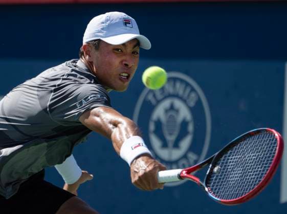 August 7, 2024, Montreal, Pq, Canada: USA s Brandon Nakashima returns a shot to Canada s Denis Shapovalov during first round play at the National Bank Open tennis Wednesday, August 7, 2024 in Montreal. Nakashima won the match in straight sets. Denis Shapovalov, Brandon Nakashima,  - ZUMAc35_ 20240807_zaf_c35_162 Copyright: xRyanxRemiorzx