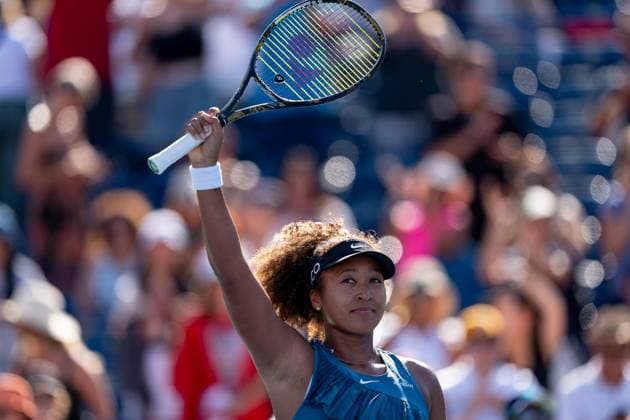 TORONTO, ON - AUGUST 07: Naomi Osaka of Japan celebrates her win after her first round match of the National Bank Open, part of the WTA, Tennis Damen Tour, at Sobeys Stadium on August 7, 2024 in Toronto, Canada. (Photo by Julian Avram Icon Sportswire) TENNIS: AUG 07 National Bank Open EDITORIAL USE ONLY Icon2408070274