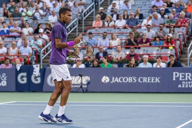 August 7, 2024, Montreal, Quebec, Canada: FELIX AUGER-ALIASSIME from Canada cheering after point in first set against Flavio Cobolli from Italia in first round of Canadian Open at IGA Stadium in Montreal, Quebec, Canada Montreal Canada - ZUMAl189 20240807_zsp_l189_058 Copyright: xYannickxLegarex