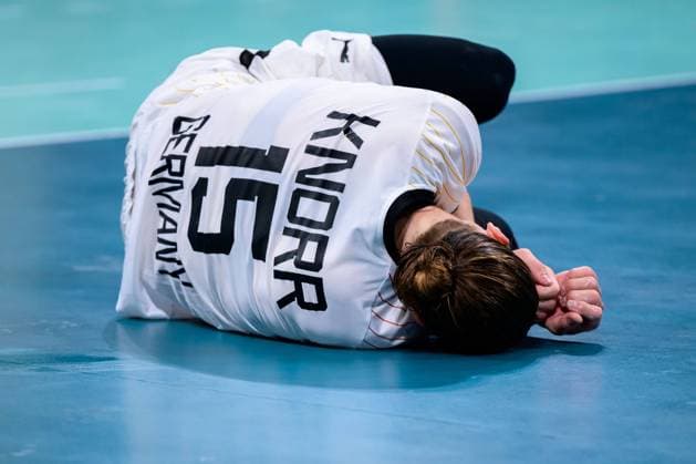 Paris, France Handball Men Quarterfinals Germany France Juri Knorr Germany Injured Injury Pain Lille Stade Pierre Mauroy France