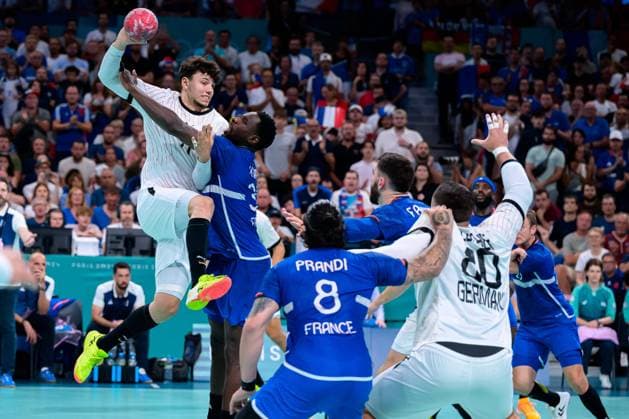 Paris, France Handball Mens Quarterfinals Germany France Marko Grgic Germany , Karl Konan France , Elohim Prandi France , Jannik Kohlbacher Germany Lille Stade Pierre Mauroy France