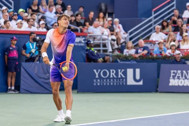 August 7, 2024, Montreal, Quebec, Canada: FLAVIO COBOLLI from Italia serving in first set against Felix Auger-Aliassime from Canada in first round of Canadian Open at IGA Stadium in Montreal, Quebec, Canada Montreal Canada - ZUMAl189 20240807_zsp_l189_064 Copyright: xYannickxLegarex