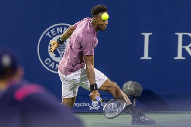 August 7, 2024, Montreal, Quebec, Canada: GAEL MONFILS from France returning ball in first set against Thanasi Kokkinaris from Australiain first round of Canadian Open at IGA Stadium in Montreal, Quebec, Canada Montreal Canada - ZUMAl189 20240807_zsp_l189_068 Copyright: xYannickxLegarex