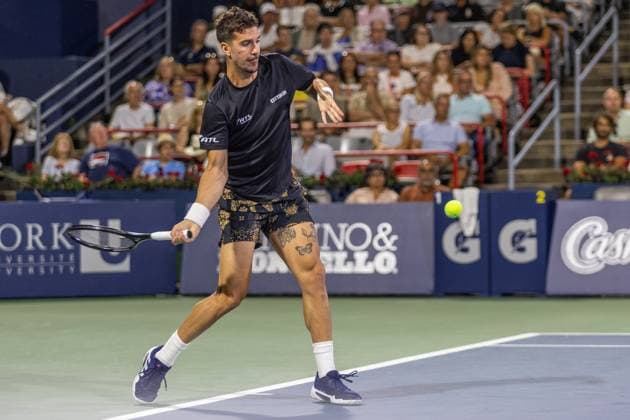 August 7, 2024, Montreal, Quebec, Canada: THANASI KOKKINAKIS from Australia returning ball in first set against Gael Monfils from France in first round of Canadian Open at IGA Stadium in Montreal, Quebec, Canada Montreal Canada - ZUMAl189 20240807_zsp_l189_077 Copyright: xYannickxLegarex