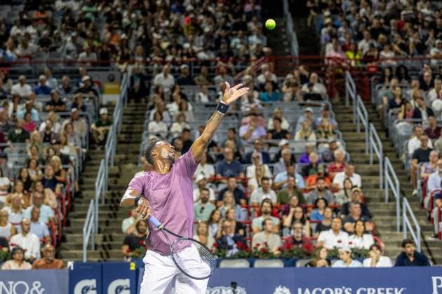 August 7, 2024, Montreal, Quebec, Canada: GAEL MONFILS from France serving in first set first against Thanasi Kokkinaris from Australia in first round of Canadian Open at IGA Stadium in Montreal, Quebec, Canada. Crowd in the background Montreal Canada - ZUMAl189 20240807_zsp_l189_078 Copyright: xYannickxLegarex