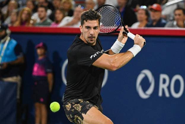 August 7, 2024, Montreal, Pq, Canada: Thanasi Kokkinakis of Australia plays a shot to Gael Monfils of France during their first round match at the National Bank Open tennis tournament in Montreal, Wednesday, August 7, 2024. Gael Monfils, Thanasi Kokkinakis,  - ZUMAc35_ 20240807_zaf_c35_282 Copyright: xGrahamxHughesx