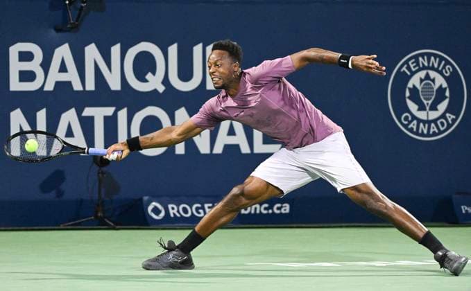 August 7, 2024, Montreal, Pq, Canada: Gael Monfils of France plays a shot to Thanasi Kokkinakis of Australia during their first round match at the National Bank Open tennis tournament in Montreal, Wednesday, August 7, 2024. Gael Monfils, Thanasi Kokkinakis,  - ZUMAc35_ 20240807_zaf_c35_285 Copyright: xGrahamxHughesx