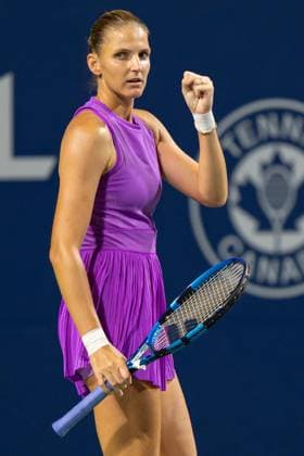 TORONTO, ON - AUGUST 07: Karolina PliÅ¡kova of Czechia celebrates after winning a point during her first round match of the National Bank Open, part of the WTA, Tennis Damen Tour, at Sobeys Stadium on August 7, 2024 in Toronto, Canada. (Photo by Julian Avram Icon Sportswire) TENNIS: AUG 07 National Bank Open EDITORIAL USE ONLY Icon2408070487
