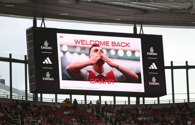- Arsenal v Bayer 04 Leverkusen, Pre Season Friendly, Emirates Stadium, London, UK - 7th August 2024. Granit Xhaka of Bayer 04 Leverkusen is welcomed back to Emirates Stadium by Arsenal. - Arsenal v Bayer 04 Leverkusen, Pre Season Friendly, Emirates Stadium, London, UK - 7th August 2024. London Emirates Stadium UK Copyright: xDanxWeirx CP_Arsenal_Bayer_04_Leverkusen_130